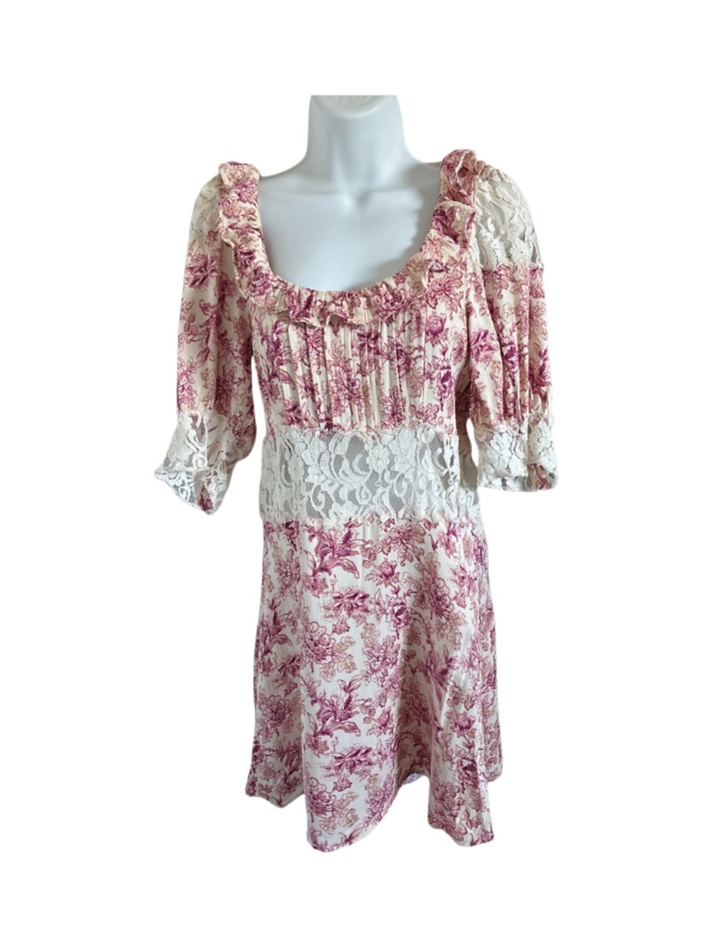 Free People Lucy Pink Toile Lace-Trim Mini Dress Cottagecore Coquette Boho Sz 6